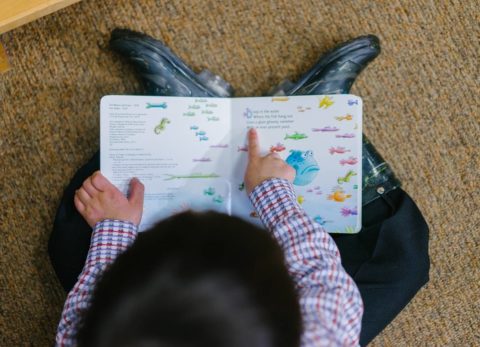 boy reading and pointing to book