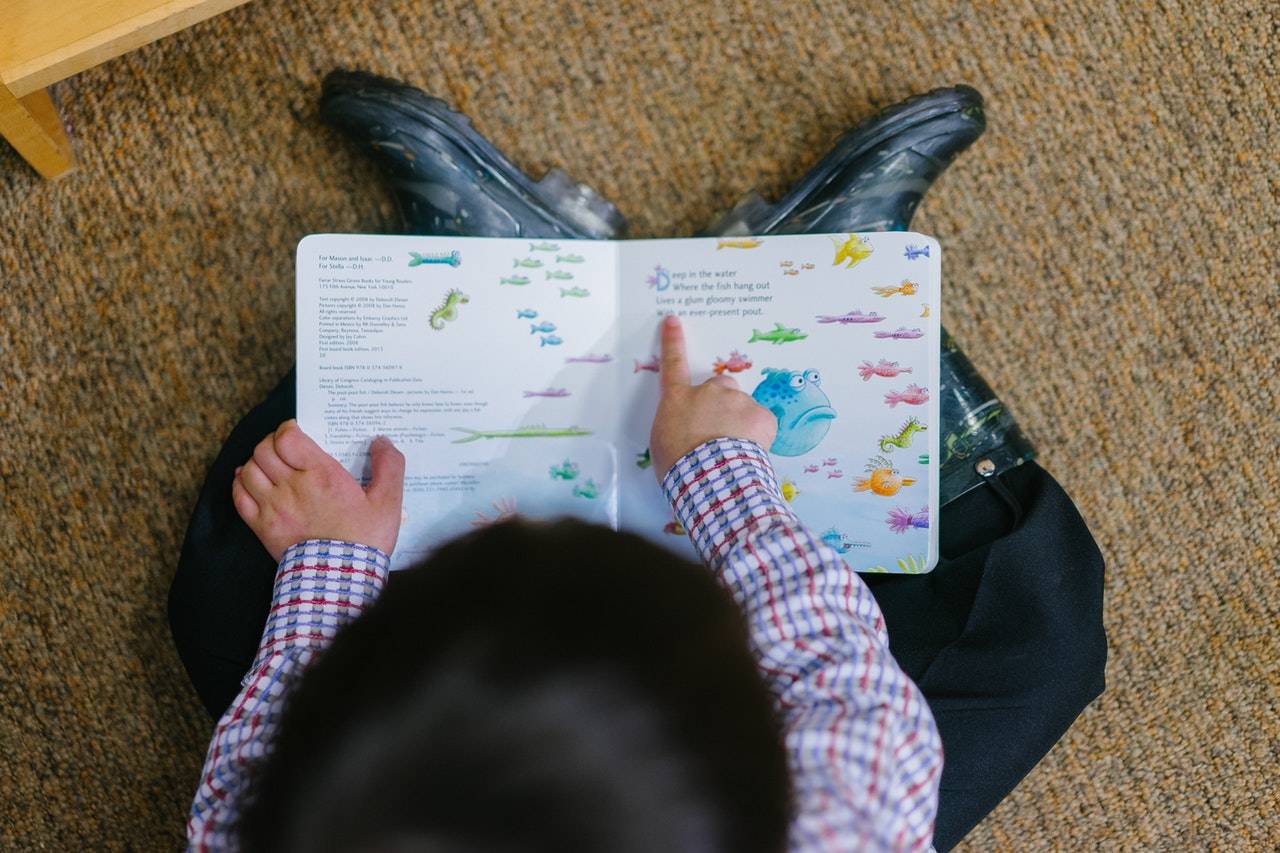 boy reading and pointing to book