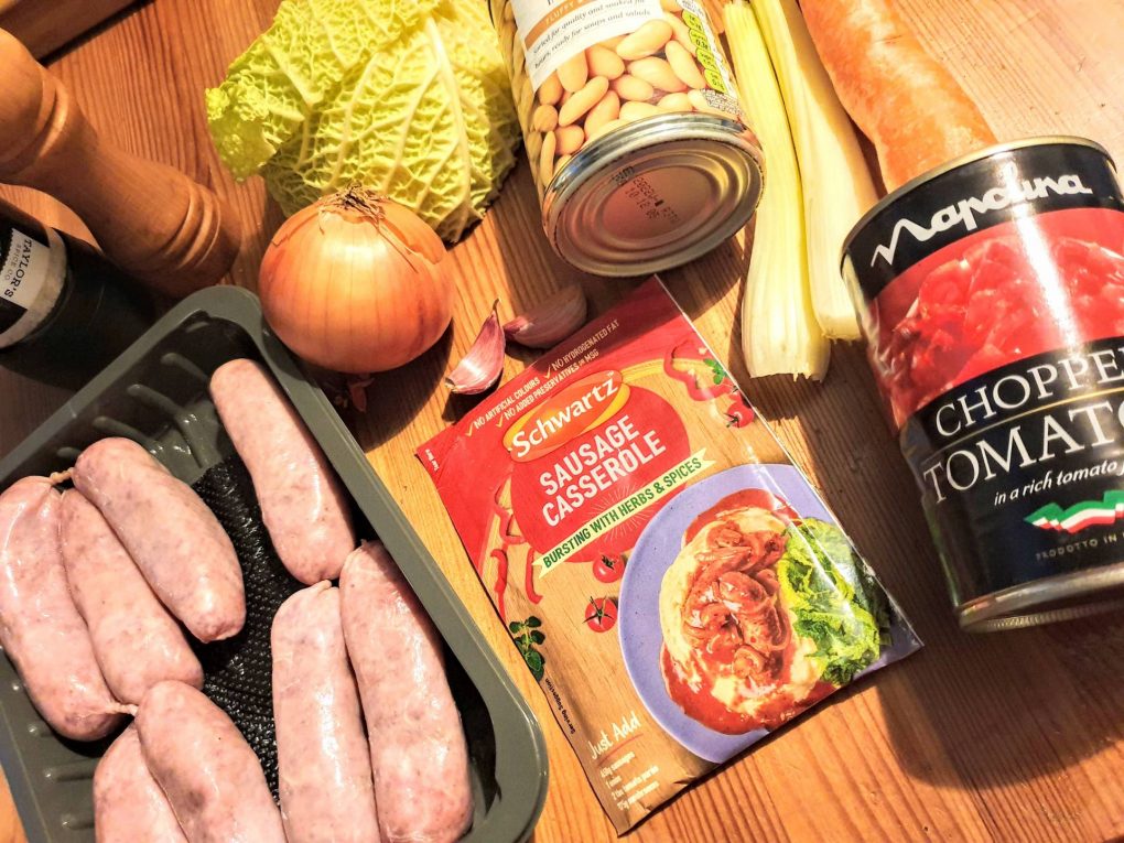 ingredients for sausage casserole using Schwartz sausage casserole mix