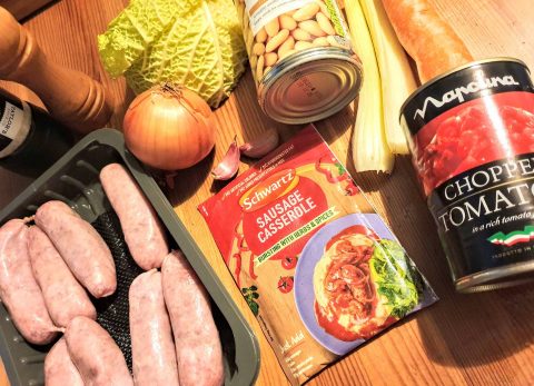 ingredients for sausage casserole using Schwartz sausage casserole mix