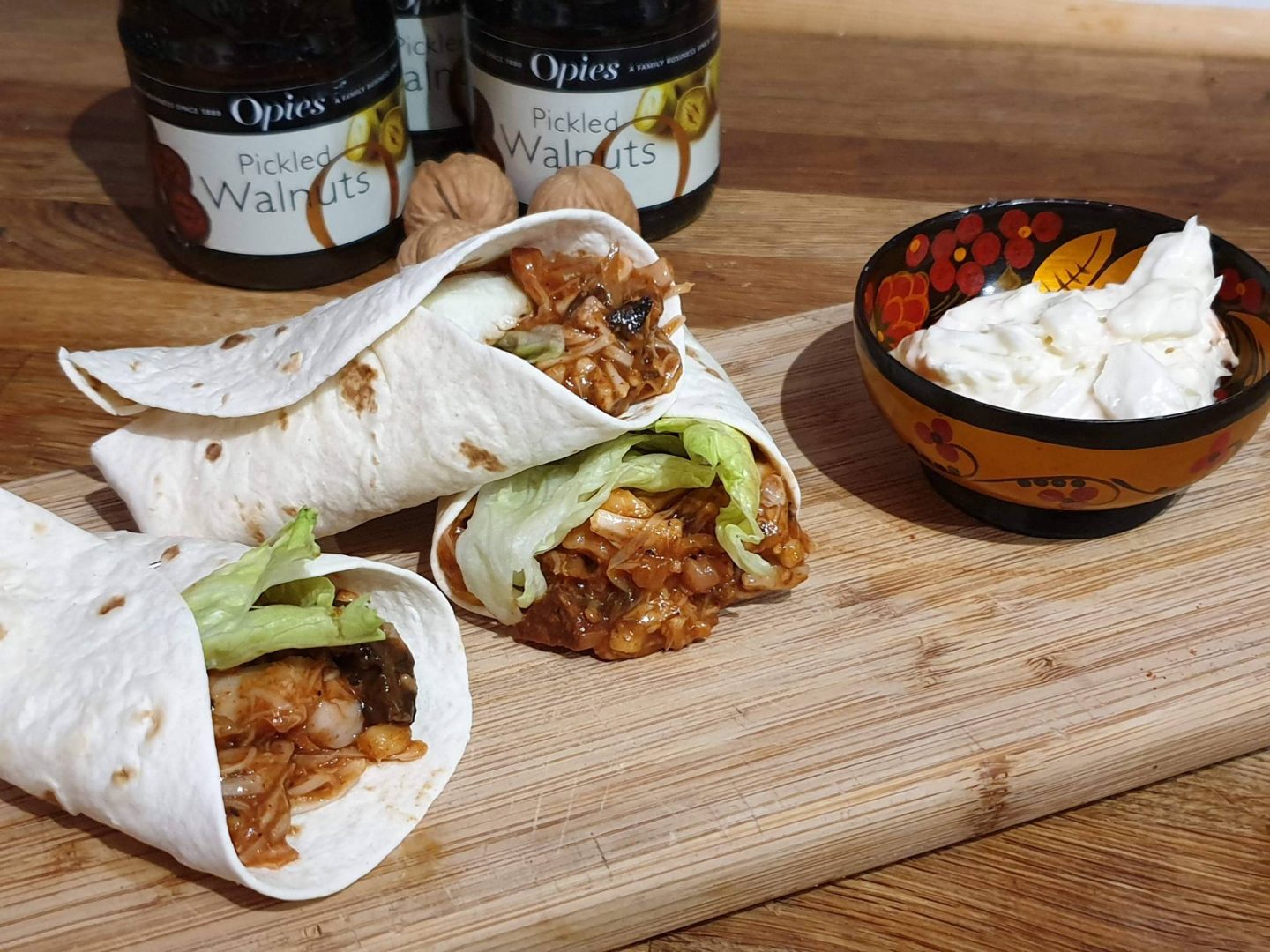 wraps with coleslaw and pickled walnuts
