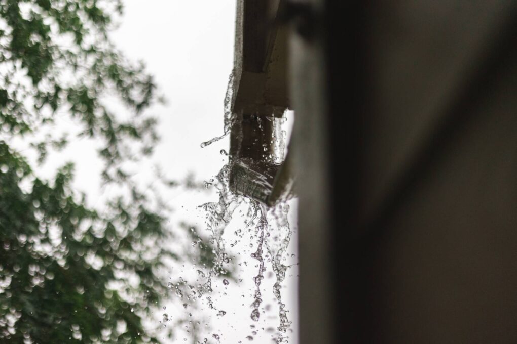 guttering overflowing on a domestic roof. Trees visible.