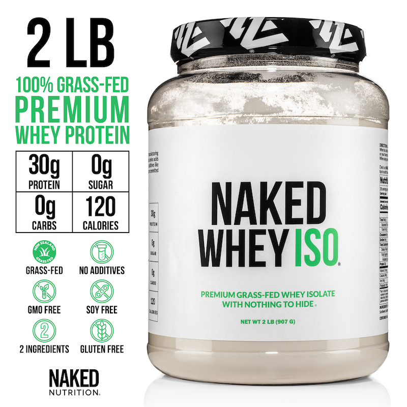 whey protein jar from Naked Whey ISO 100% grass-fed premium whey protein with nothing to hide.